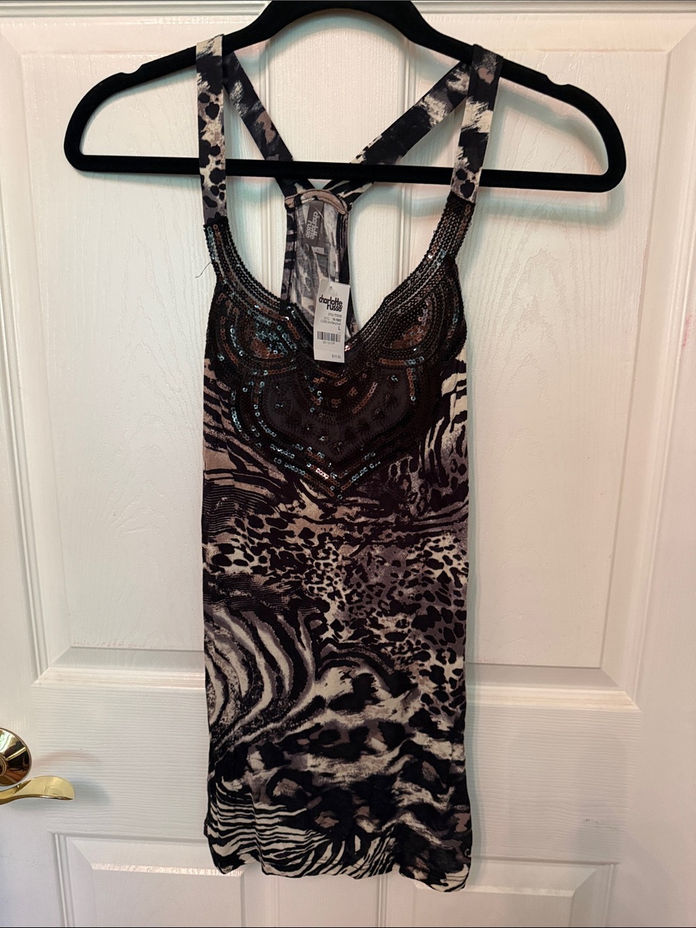 Charlotte Russe Black and White Beaded Animal Print Racerback Tank